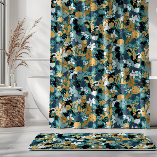 Foliage Aquamarin Aqua Blue Mustard Schwarz-weiß Duschvorhang