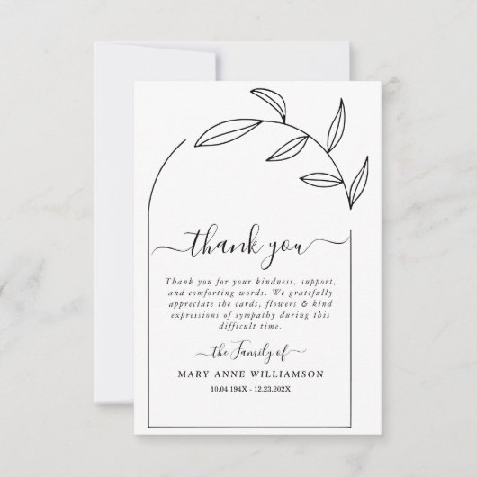 Foliage Arch Text Script Beerdigung Danke Karte (Vorderseite)