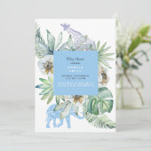 Foliage Blue Jungle Animals Baby Dusche Einladung (Stehend Vorderseite)