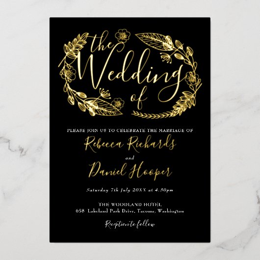 Foliage Chic Skript Hochzeit Schwarz-Gold-Foil in Folieneinladung (Vorderseite)