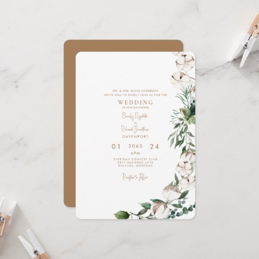 Foliage & Cotton Modern Gold Rounded Wedding Einladung (Vorderseite/Rückseite Beispiel)