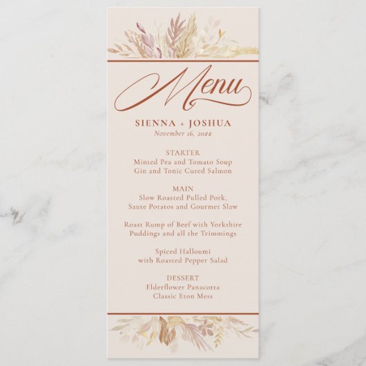 Foliage Duet Cream Terracotta Botanische Hochzeit Menükarte (Vorderseite)