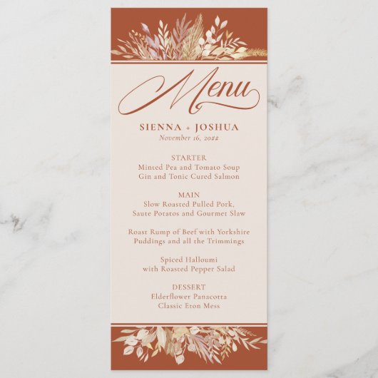 Foliage Duet Terracotta Creme Botanische Hochzeit Menükarte (Vorderseite)