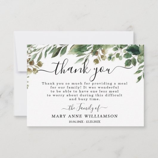 Foliage Elegante Beerdigungsnahrung Dankeschön Kar Dankeskarte (Vorderseite)