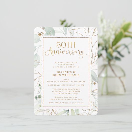 Foliage Gold Script 50. Hochzeitstag Einladung (Stehend Vorderseite)