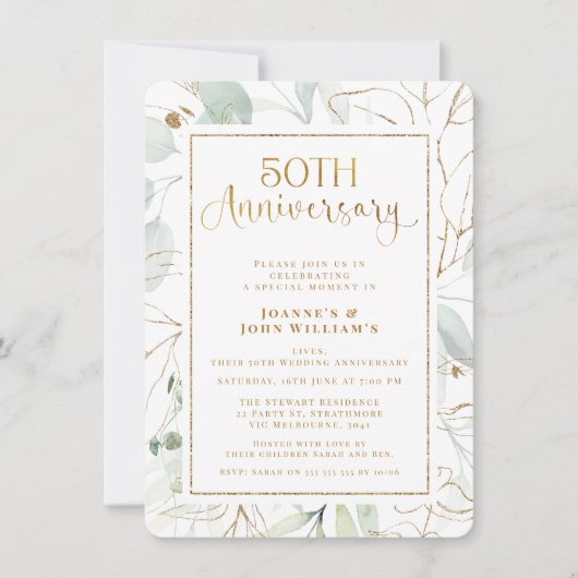Foliage Gold Script 50. Hochzeitstag Einladung (Vorderseite)