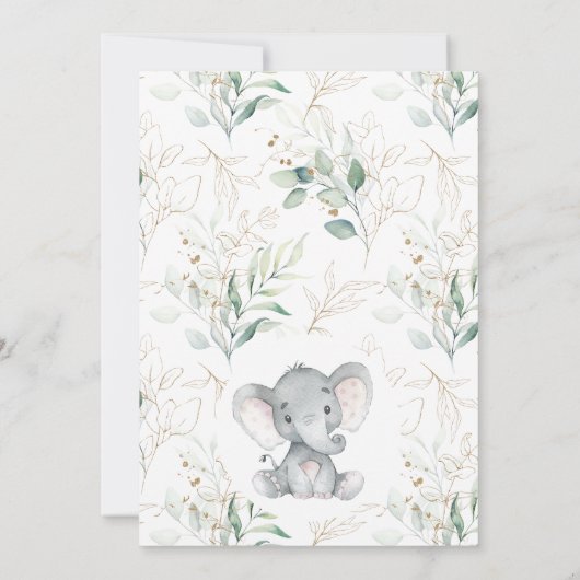 Foliage Green Gold Elephant Peanut Baby Dusche Einladung (Rückseite)