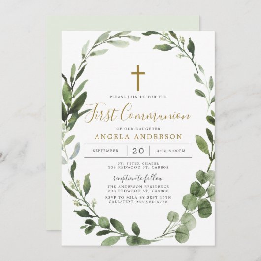 Foliage Greenery Erste Kommunion Einladung (Vorne/Hinten)