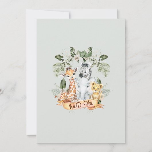 Foliage Greenery Safari Wild One Baby Shower Einladung (Rückseite)