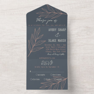 Foliage Leaf Line Art Holzkohle, Creme & Pink Boho All In One Einladung