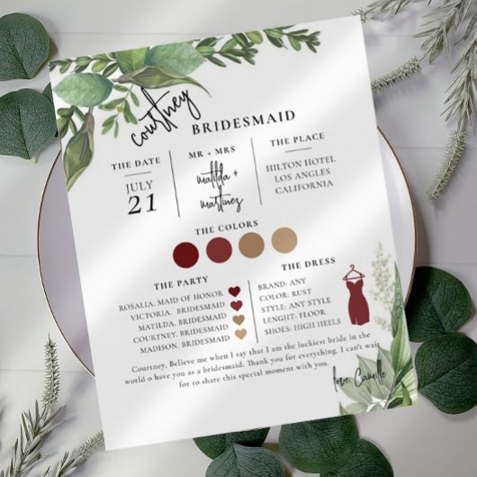 Foliage Minimale Text Script Bridesmaid Info-Karte