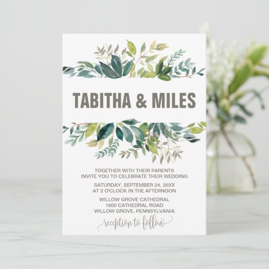 Foliage mit Monogramm-Kranzbacken Einladung (Stehend Vorderseite)