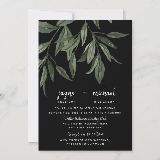 Foliage Modern Schriftart Black Website Hochzeit Einladung (Vorderseite)