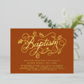 Foliage Moderne Kalligraphie Orangentaufe Folieneinladung (Stehend vorne)