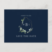 Foliage Monogram Wedding Save the Date Navy Ankündigungspostkarte (Vorderseite)