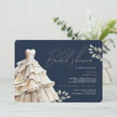 Foliage Navy Beige Hochzeitskleid Brautparty Einladung (Stehend Vorderseite)