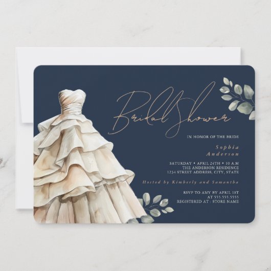 Foliage Navy Beige Hochzeitskleid Brautparty Einladung (Vorderseite)