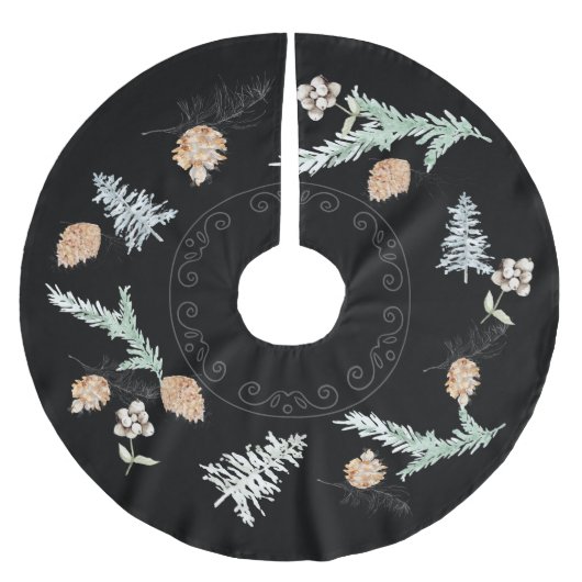 Foliage & Pine Cone Black Tree Skirt Polyester Weihnachtsbaumdecke (Vorderseite)