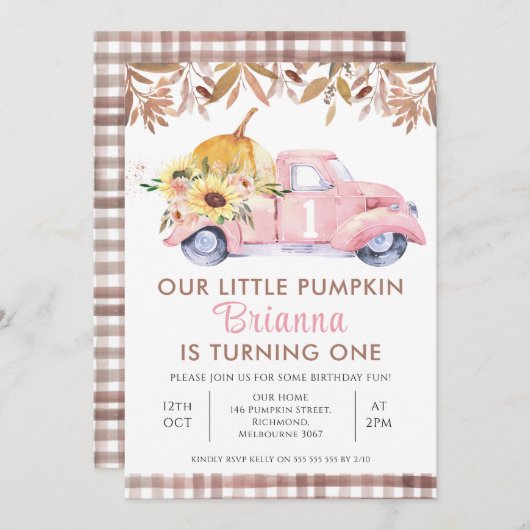 Foliage Pink Truck Kleiner Pumpkin 1. Geburtstag Einladung (Vorne/Hinten)
