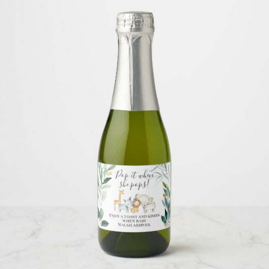 Foliage Safari Baby Dusche Pop It Schaumweinetikett (Vorderseite)