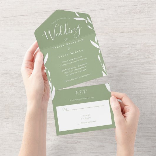 Foliage Sage Green White Wedding All In One Einladung (Abreißtisch)