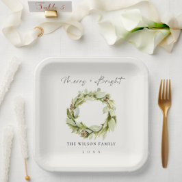 Foliage Winter Wreath Merry & Bright Christmas Pappteller