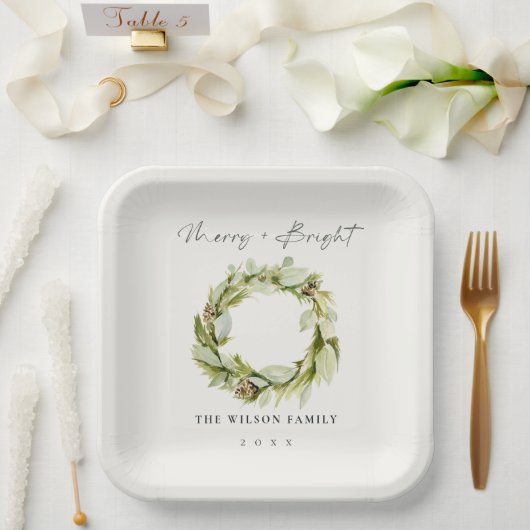 Foliage Winter Wreath Merry & Bright Christmas Pappteller (Hochzeit)
