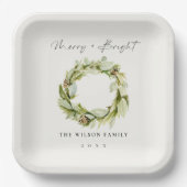 Foliage Winter Wreath Merry & Bright Christmas Pappteller (Vorderseite)