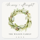 Foliage Winter Wreath Merry & Bright Christmas Quadratischer Aufkleber (Vorderseite)