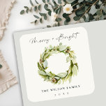 Foliage Winter Wreath Merry & Bright Christmas Quadratischer Aufkleber<br><div class="desc">Wenn Sie weitere Anpassungen benötigen,  schreiben Sie mir bitte an yellowfebstudio@gmail.com.</div>