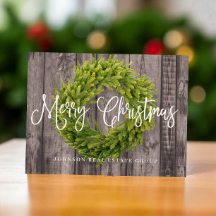 Foliage Wreath auf Holz   Frohe Weihnachtsgrüße Feiertagspostkarte