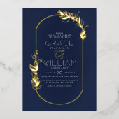 Folie gepresst | Navy Blue Botanical Frame Wedding Folieneinladung (Vorderseite)