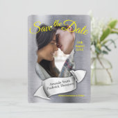 Folie - Grauer und gelber Text Save the Date Einladung (Stehend Vorderseite)