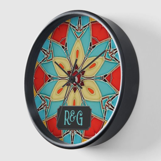 Folien aus Emailglas - Blume mit Monogrammen Uhr (Winkel)