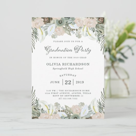 Folien und Blüten | Sage Green Grad Party Foto Einladung (Stehend Vorderseite)