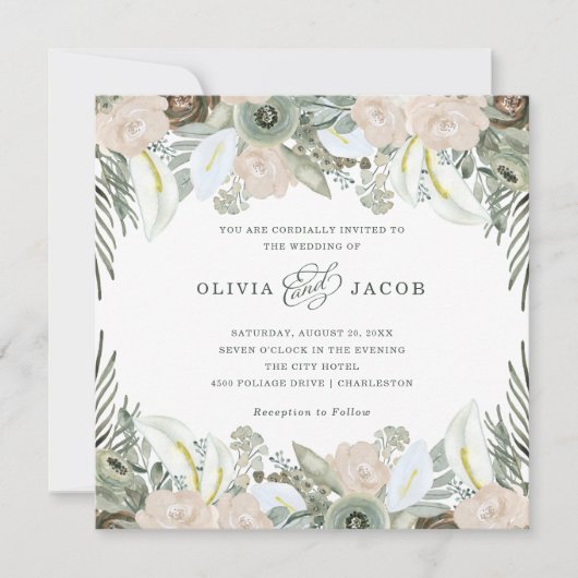 Folien und Blüten | Sage Green Wedding Einladung (Vorderseite)