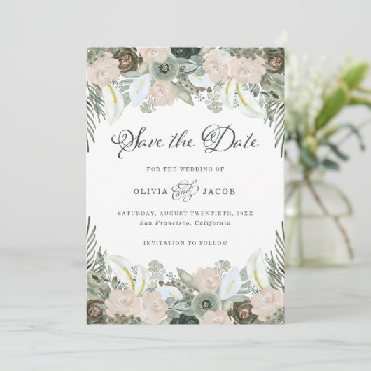 Folien und Blüten | Sage Green Wedding Save The Date (Stehend Vorderseite)