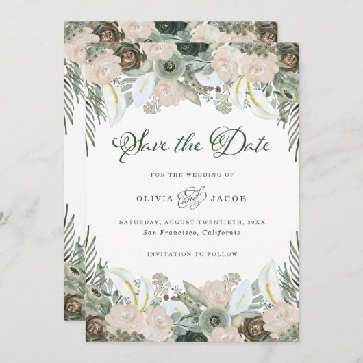 Folien und Blüten | Sage Green Wedding Save The Date (Vorne/Hinten)
