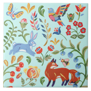 Folk Aquamarin Blue Animal Woodland Floral Fox Kan Fliese