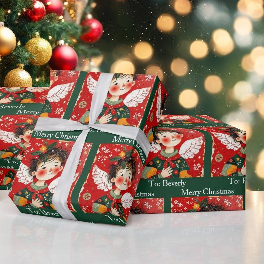 Folk-art Angel Add Recipients Name Christmas Roll  Geschenkpapier