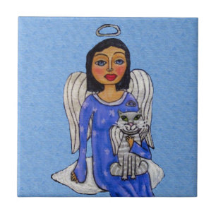 Folk Art Angel Blue Augen White Angel Cat auf Clou Fliese