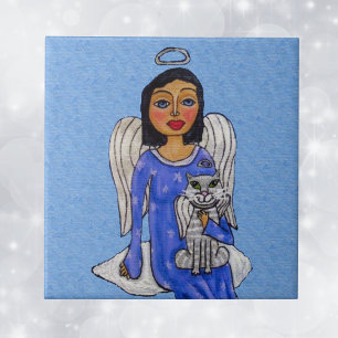 Folk Art Angel Blue Augen White Angel Cat auf Clou Fliese