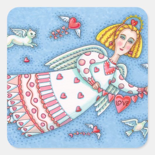 FOLK ART ANGEL, CAT UND FLIEGENDE HERZEN QUADRATISCHER AUFKLEBER (Vorderseite)