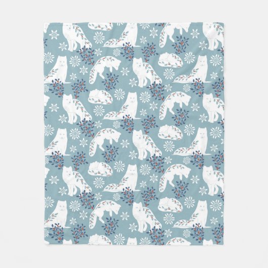 Folk Art Arctic Fox im Schnee mit Holly Fleecedecke (Vorderseite)