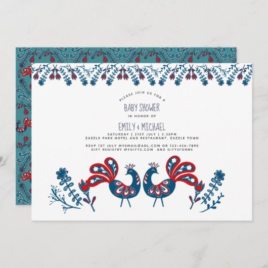 Folk Art Baby Dusche lädt skandinavische Vögel ein Einladung (Vorne/Hinten)