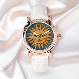 Folk Art bemalt Sonnengesicht auf Holzplanks Ladys Armbanduhr