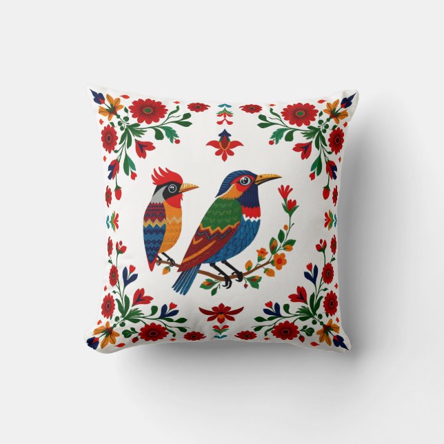 Folk Art Birds & Blooms – Symmetrical Natural Kissen (Vorderseite)
