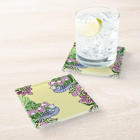 Folk Art Birds Blume Acorns Glasuntersetzer (Schrägansicht)