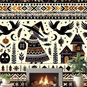 Folk Art Black Birds Pumpkins Hexenhaus Spuk Tapete