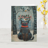 Folk Art Black Cat Notecard - Stationary Karte (Gelbe Blume)